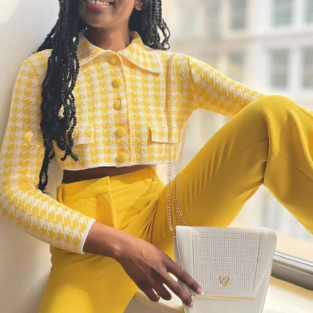 New ZARA yellow white cropped knit jacket size M 6 8